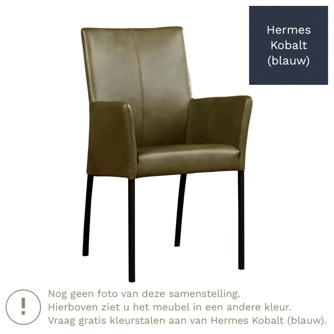 afbeelding van Leren eetkamerstoel Comfort met armleuning - Hermes Kobalt (blauw) - Poten staal rond zwart