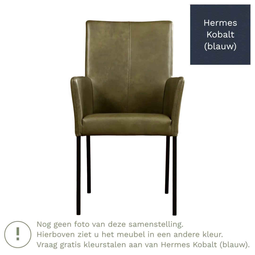 afbeelding van Leren eetkamerstoel Comfort met armleuning - Hermes Kobalt (blauw) - Poten staal rond zwart