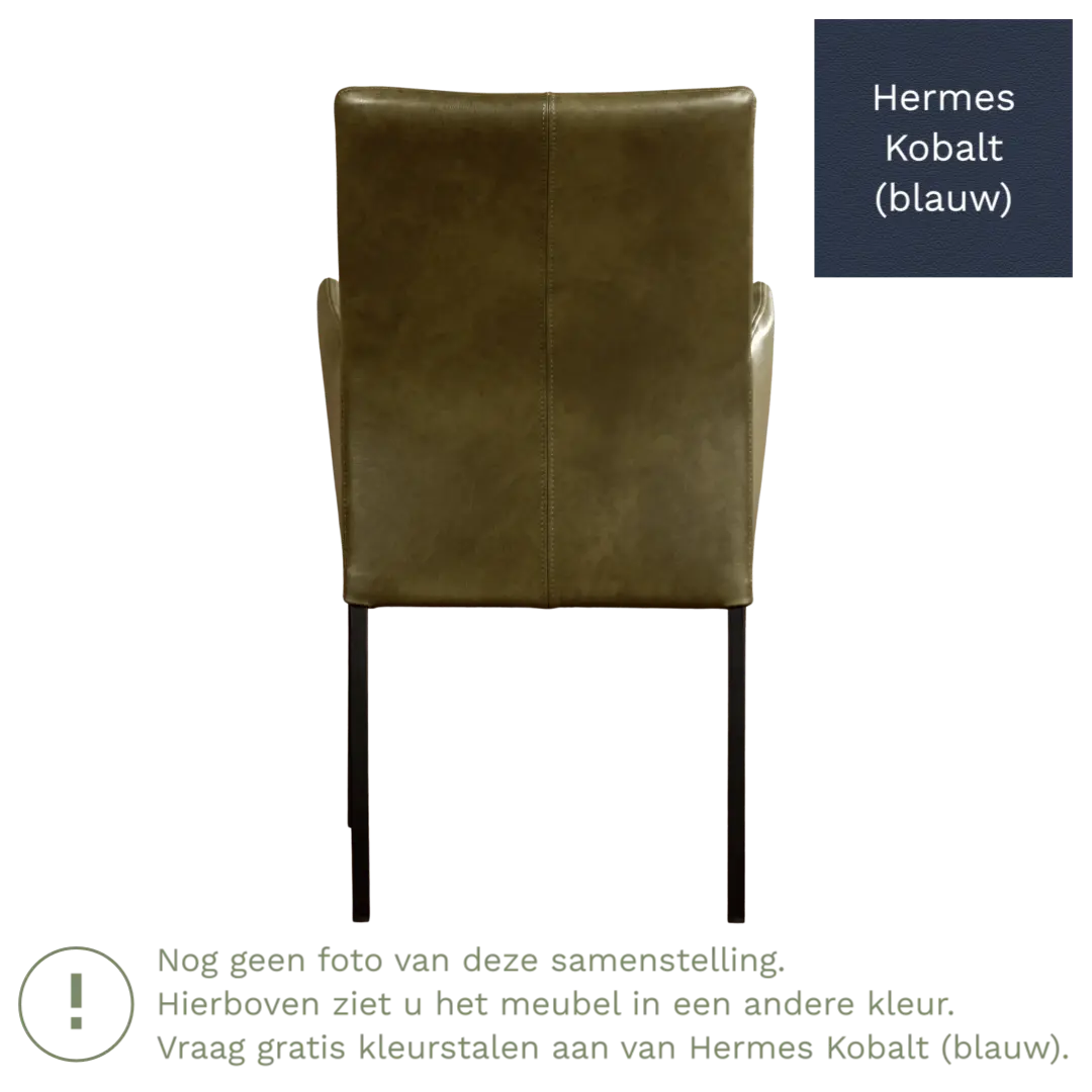 afbeelding van Leren eetkamerstoel Comfort met armleuning - Hermes Kobalt (blauw) - Poten staal rond zwart