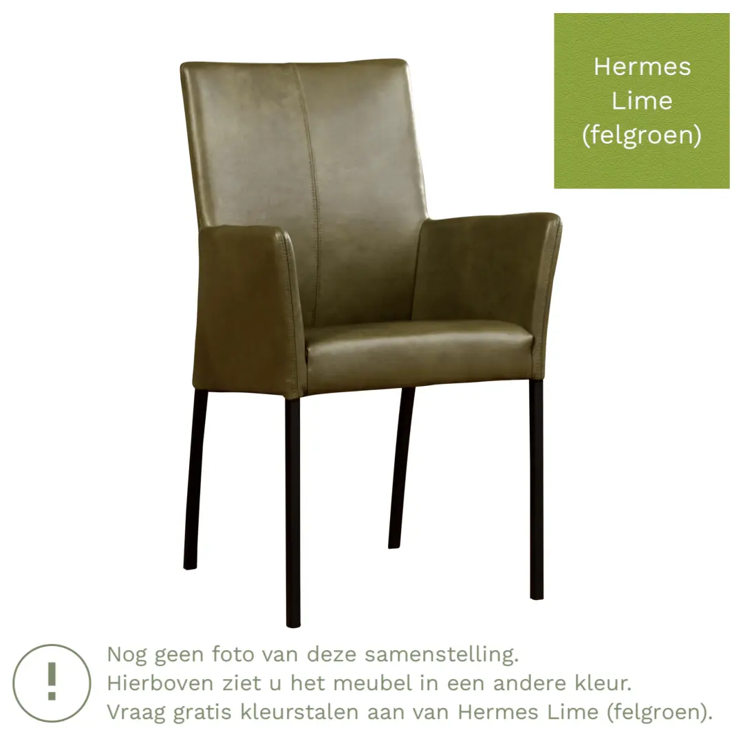 afbeelding van Leren eetkamerstoel Comfort met armleuning - Hermes Lime (felgroen) - Poten staal rond zwart