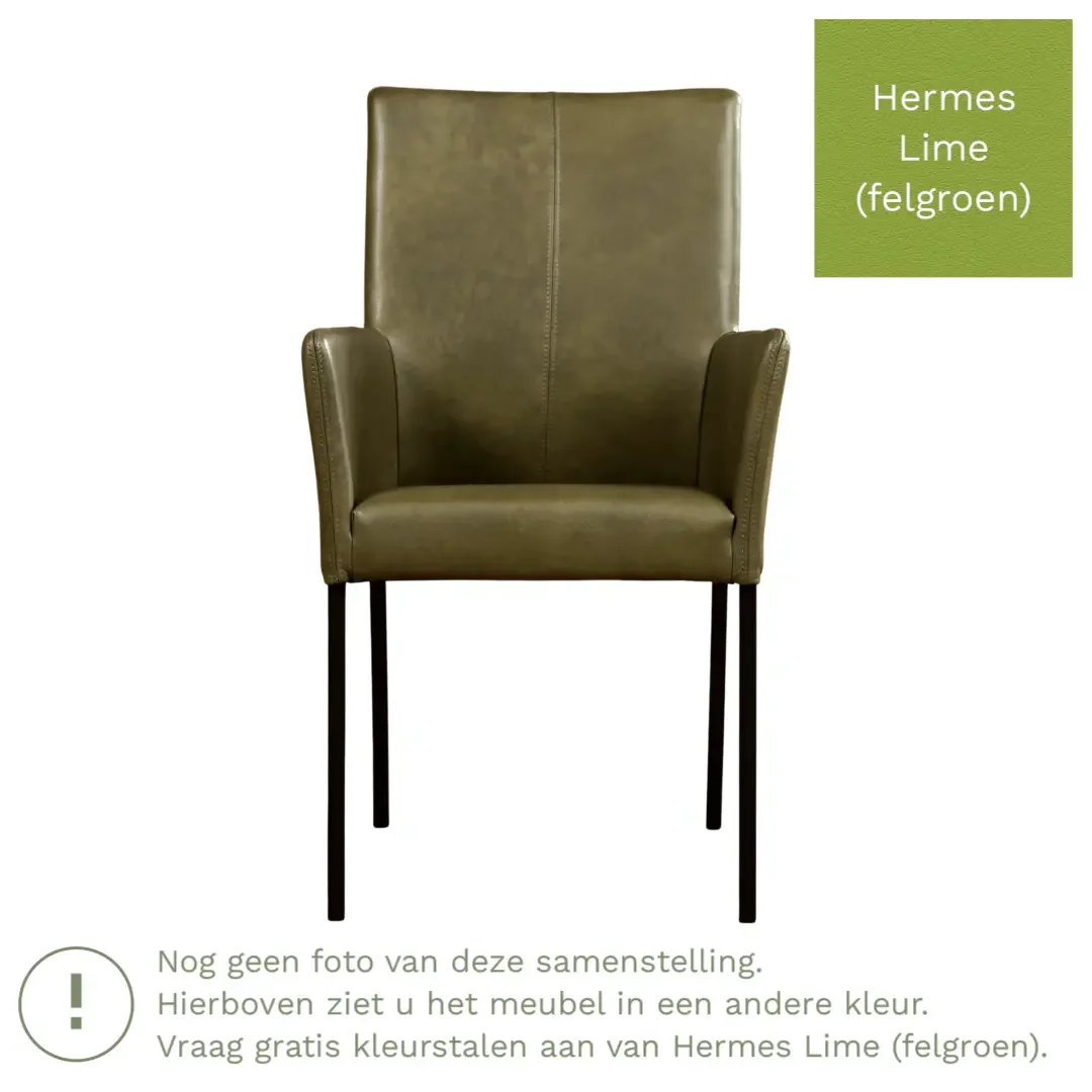 afbeelding van Leren eetkamerstoel Comfort met armleuning - Hermes Lime (felgroen) - Poten staal rond zwart