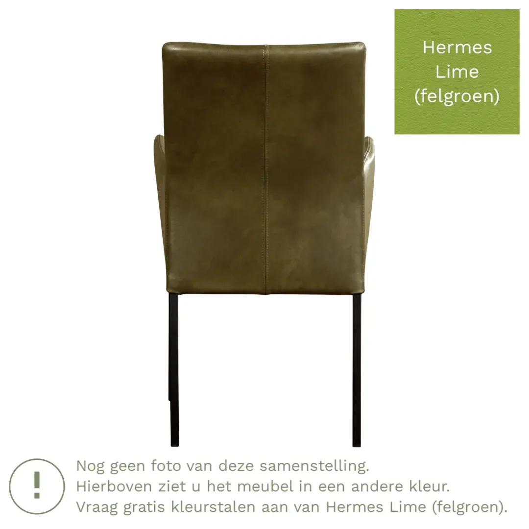afbeelding van Leren eetkamerstoel Comfort met armleuning - Hermes Lime (felgroen) - Poten staal rond zwart