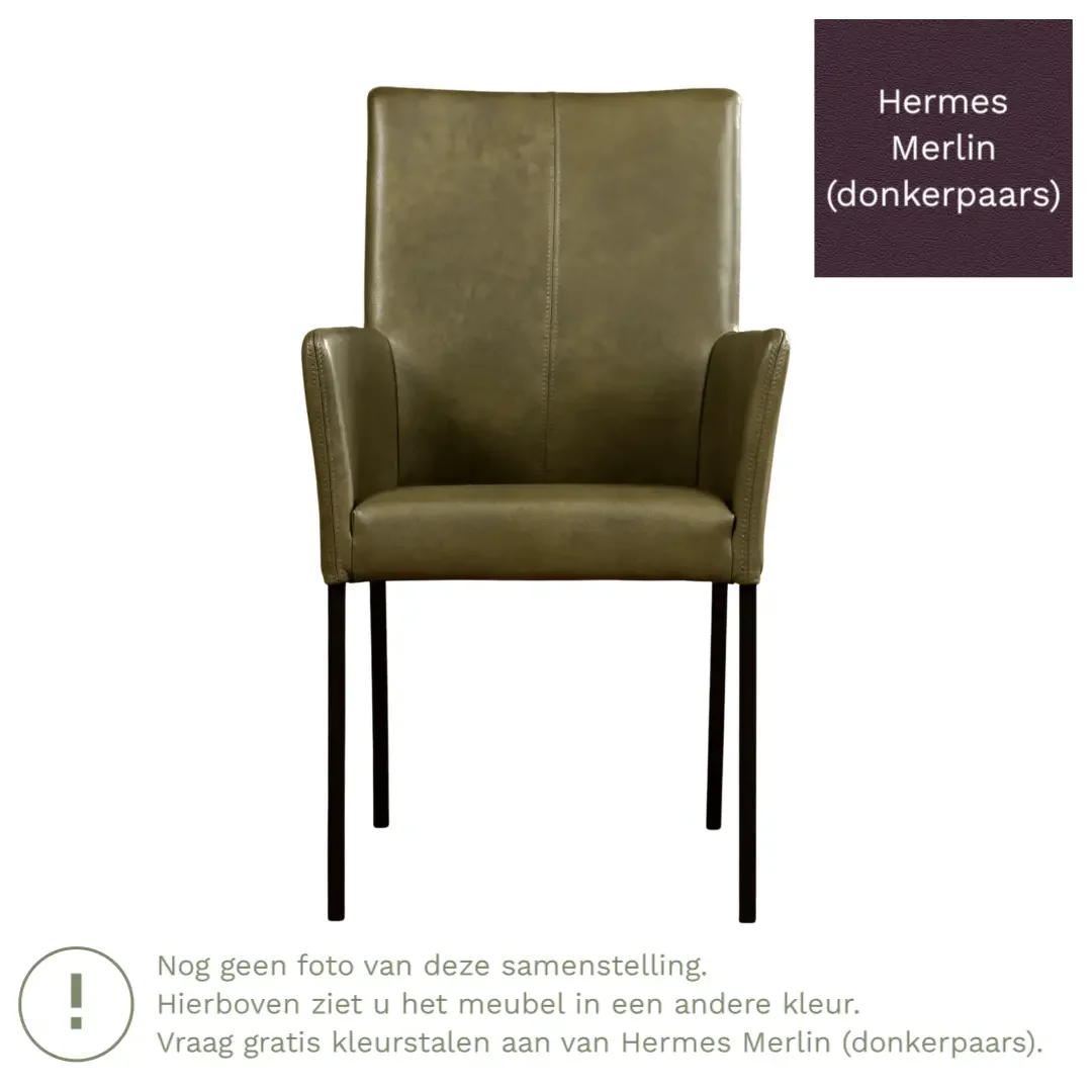 afbeelding van Leren eetkamerstoel Comfort met armleuning - Hermes Merlin (donkerpaars) - Poten staal rond RVS