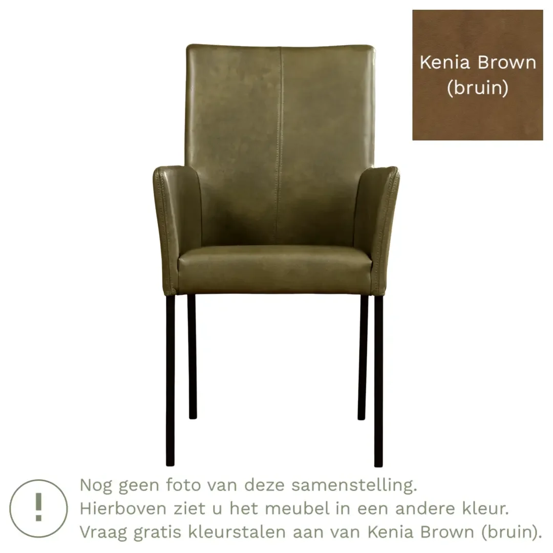 afbeelding van Leren eetkamerstoel Comfort met armleuning - Kenia Brown (bruin) - Poten staal vierkant RVS
