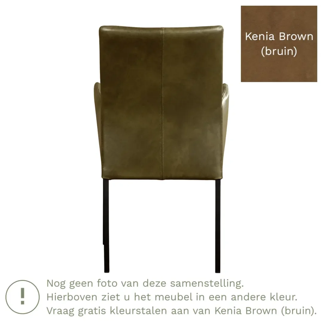 afbeelding van Leren eetkamerstoel Comfort met armleuning - Kenia Brown (bruin) - Poten staal vierkant RVS