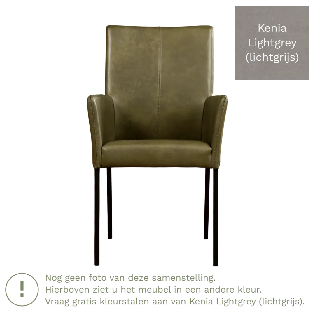afbeelding van Leren eetkamerstoel Comfort met armleuning - Kenia Lightgrey (lichtgrijs) - Poten staal vierkant zwart
