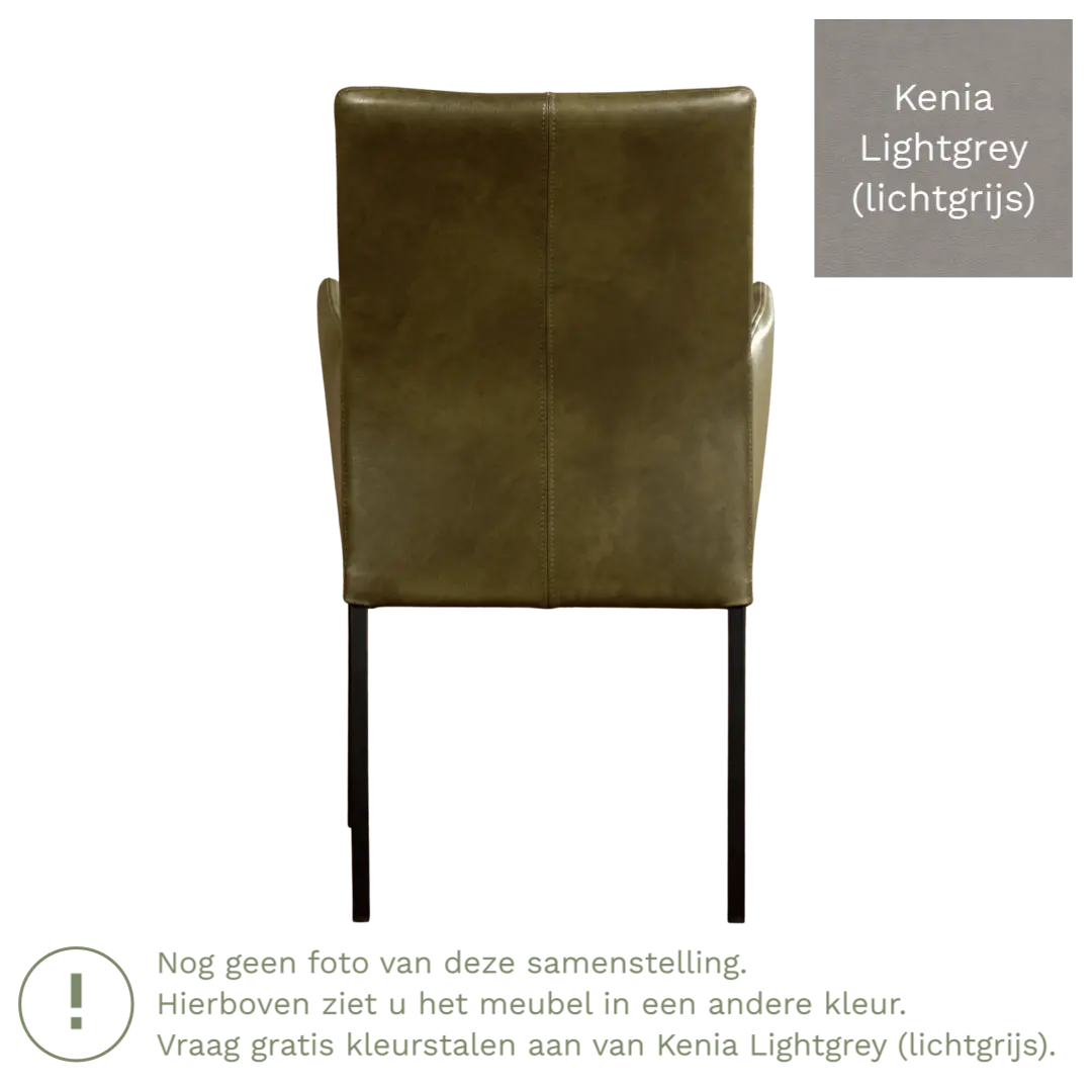 afbeelding van Leren eetkamerstoel Comfort met armleuning - Kenia Lightgrey (lichtgrijs) - Poten staal vierkant zwart