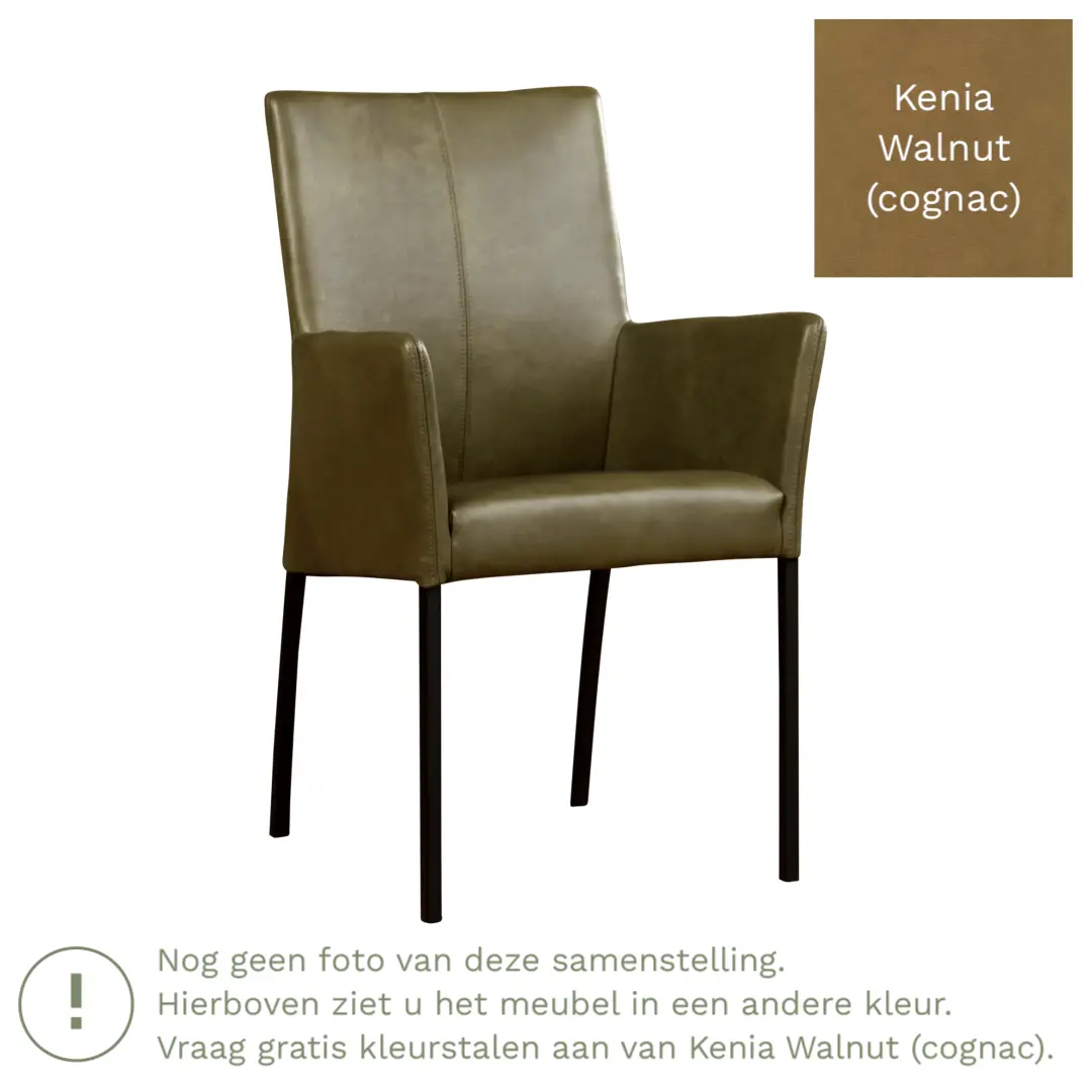 afbeelding van Leren eetkamerstoel Comfort met armleuning - Kenia Walnut (cognac) - Poten staal vierkant zwart