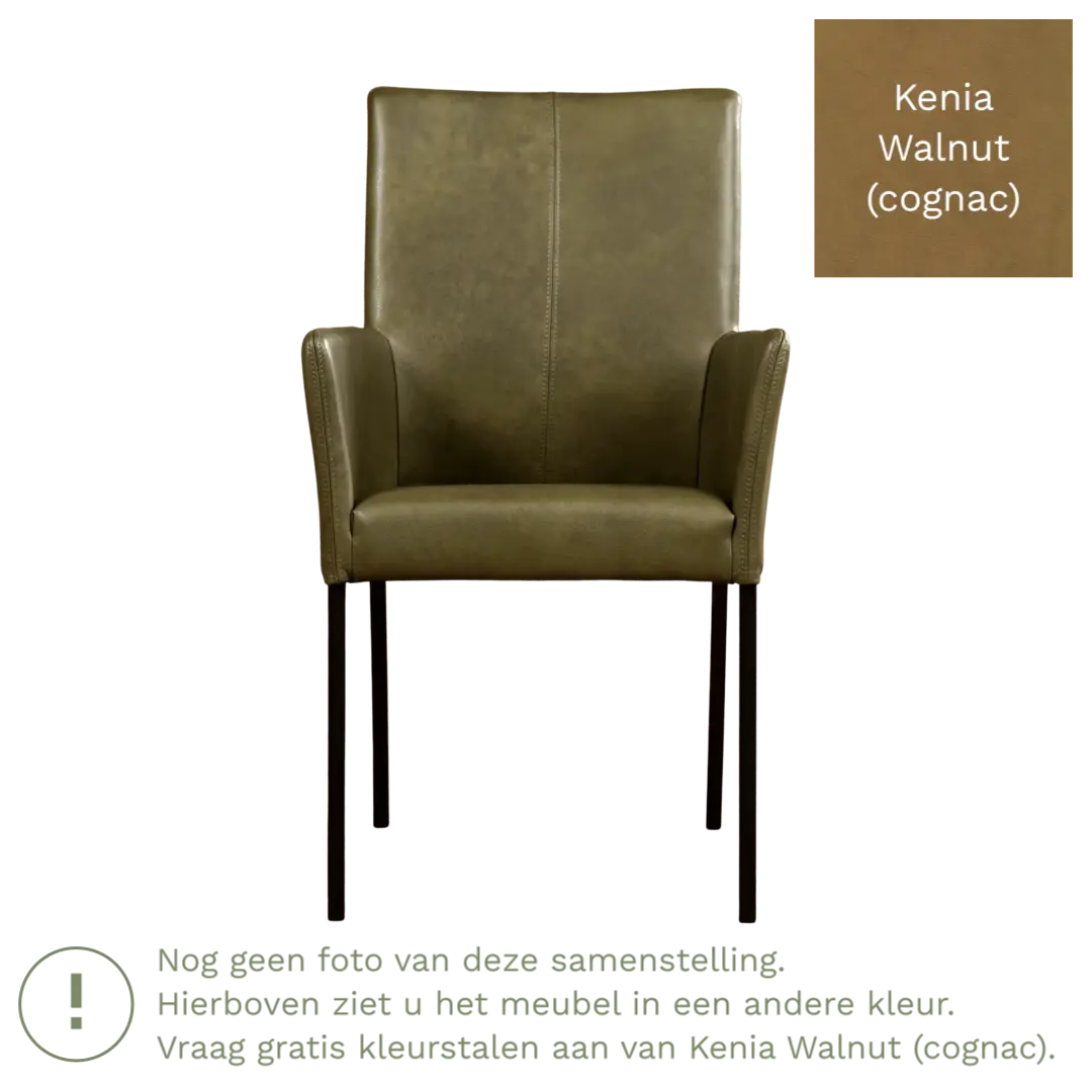 afbeelding van Leren eetkamerstoel Comfort met armleuning - Kenia Walnut (cognac) - Poten staal vierkant zwart