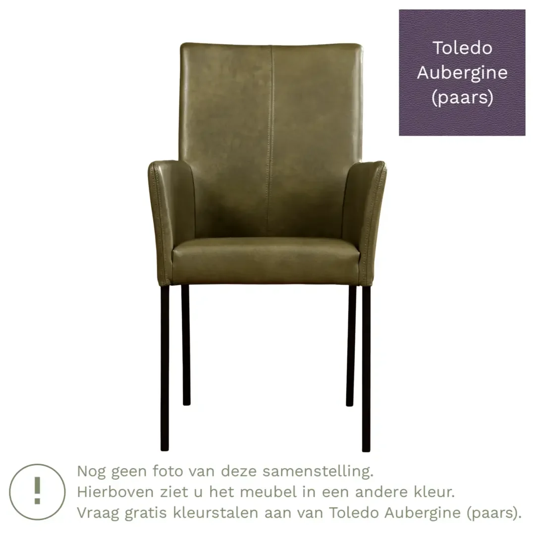 afbeelding van Leren eetkamerstoel Comfort met armleuning - Toledo Aubergine (paars) - Poten staal rond zwart