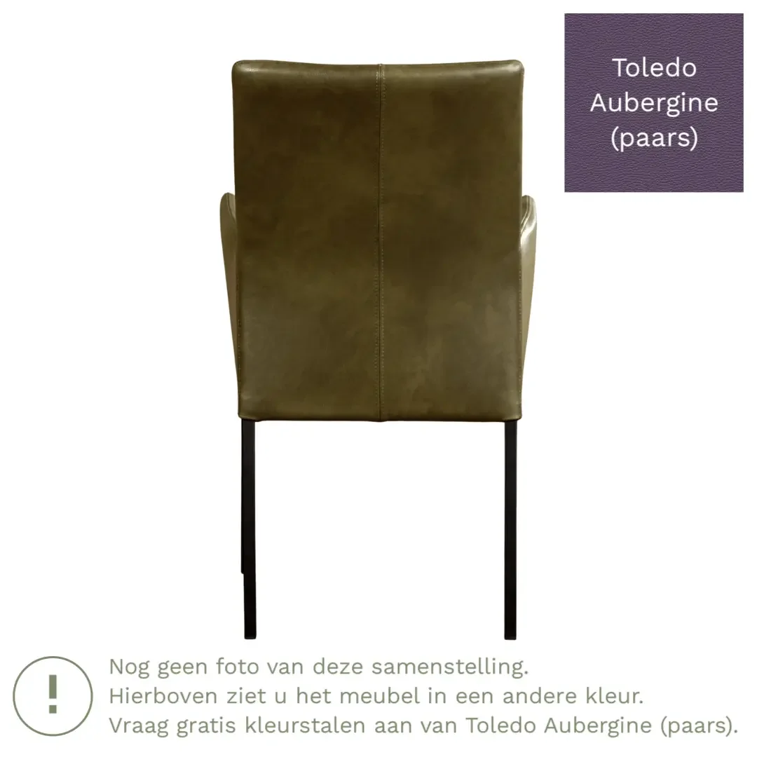 afbeelding van Leren eetkamerstoel Comfort met armleuning - Toledo Aubergine (paars) - Poten staal rond zwart