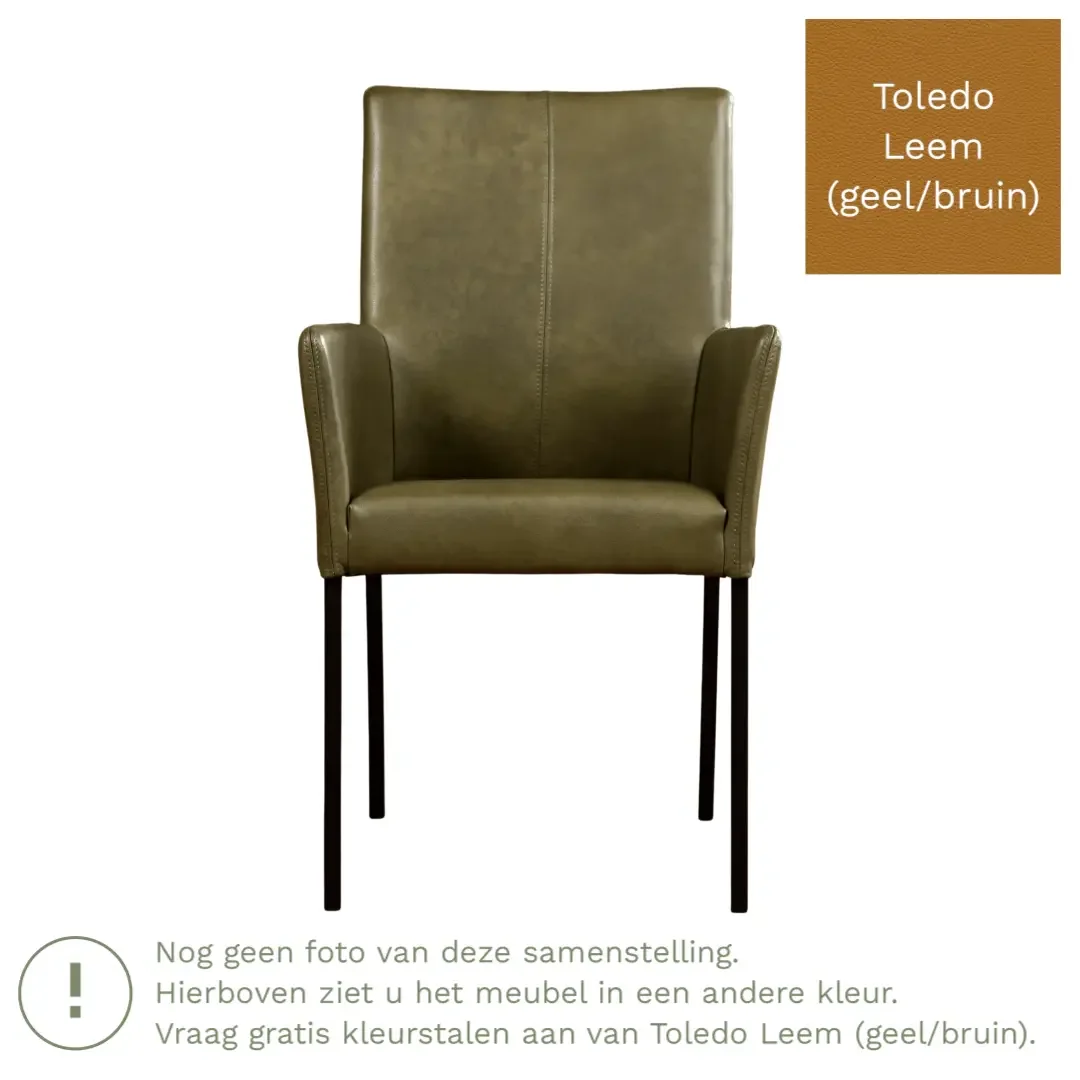 afbeelding van Leren eetkamerstoel Comfort met armleuning - Toledo Leem (geel/bruin) - Poten staal vierkant RVS