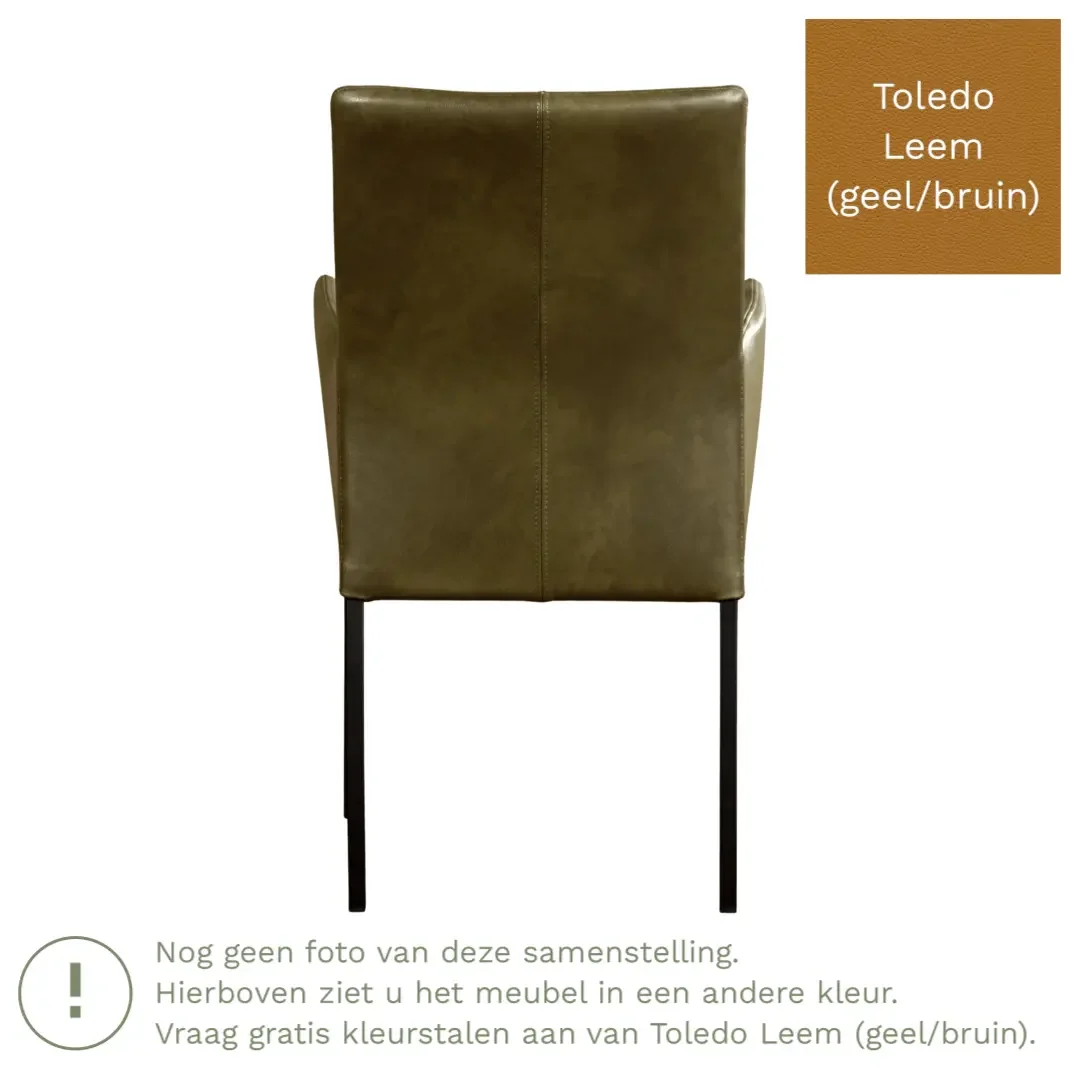 afbeelding van Leren eetkamerstoel Comfort met armleuning - Toledo Leem (geel/bruin) - Poten staal vierkant RVS