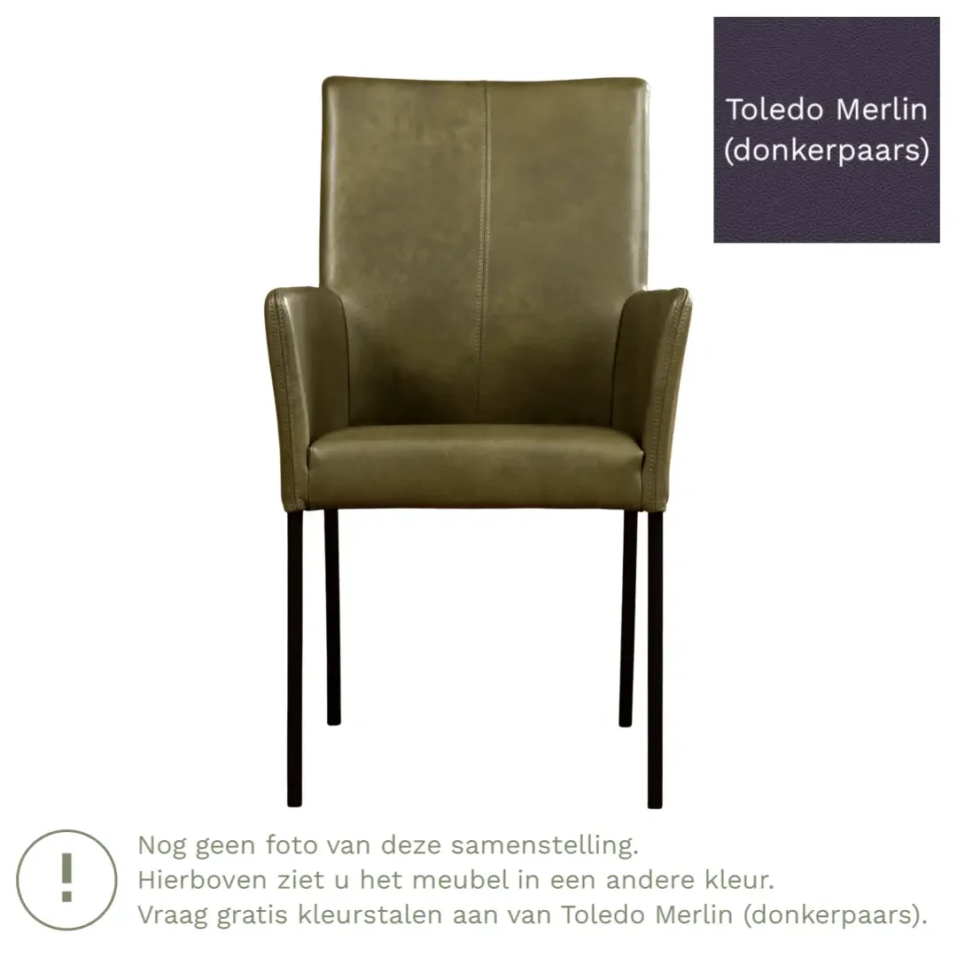 afbeelding van Leren eetkamerstoel Comfort met armleuning - Toledo Merlin (donkerpaars) - Poten staal rond zwart