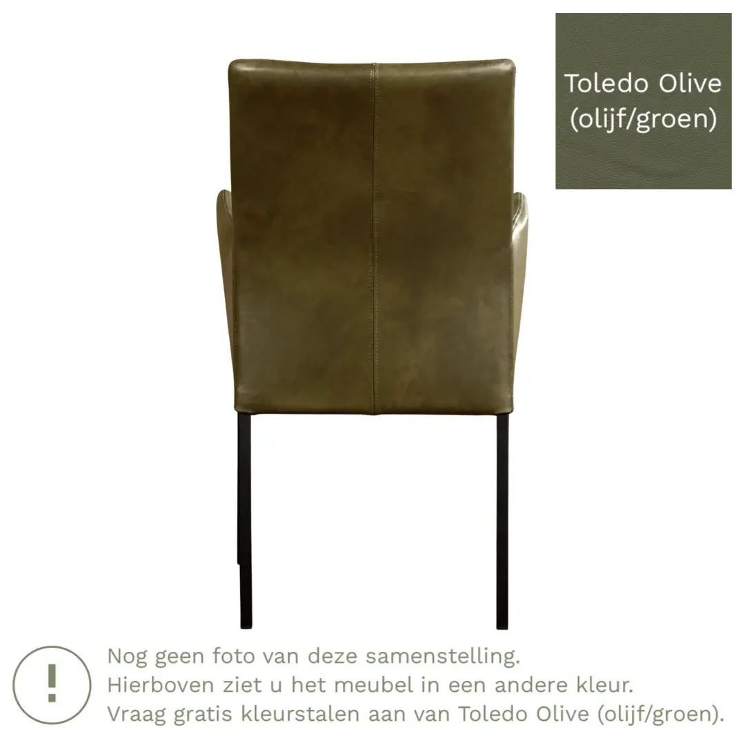 afbeelding van Leren eetkamerstoel Comfort met armleuning - Toledo Olive (olijf/goen) - Poten staal rond RVS