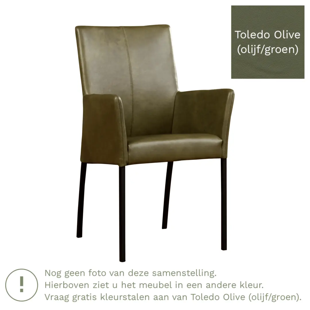 afbeelding van Leren eetkamerstoel Comfort met armleuning - Toledo Olive (olijf/goen) - Poten staal vierkant zwart