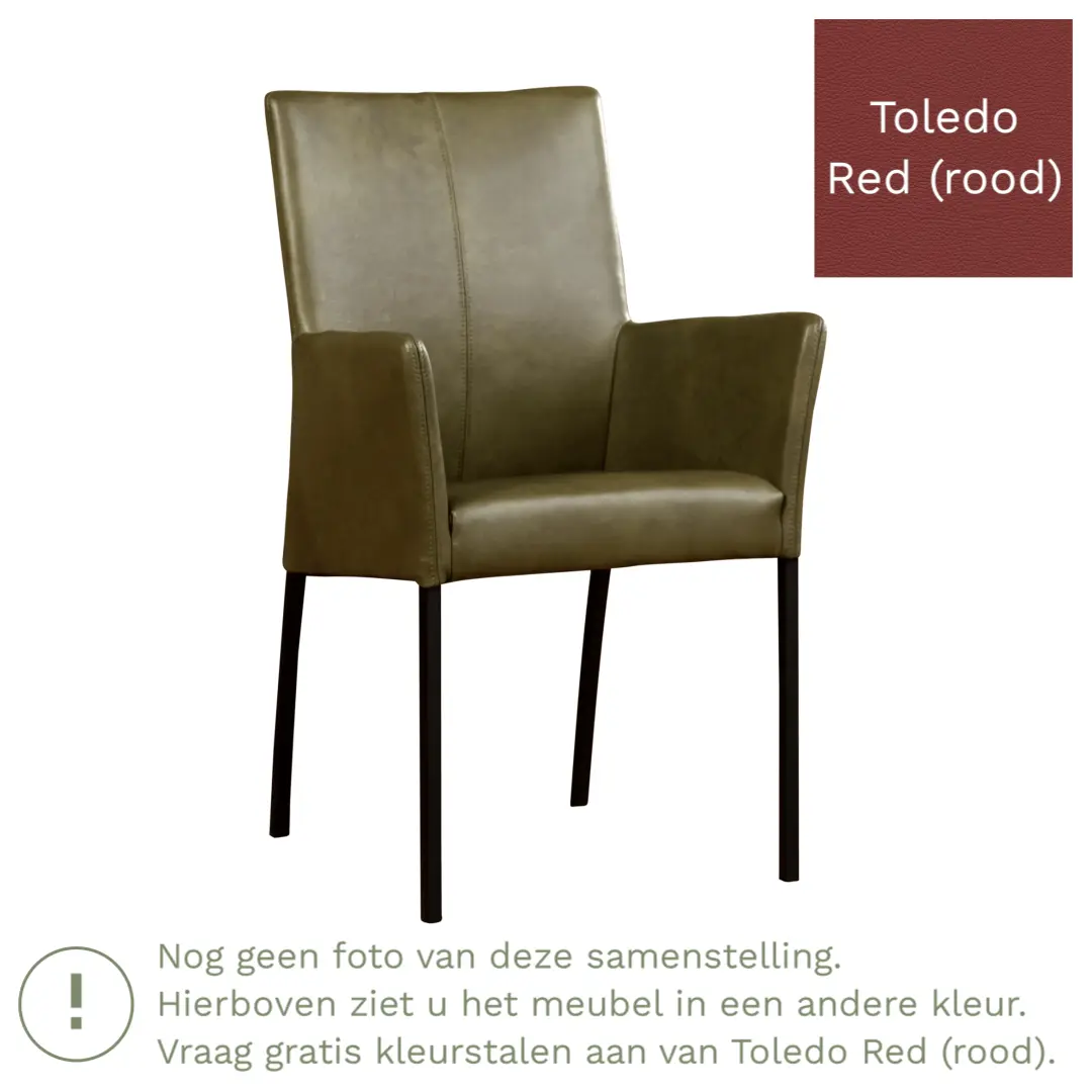 afbeelding van Leren eetkamerstoel Comfort met armleuning - Toledo Red (rood) - Poten staal vierkant RVS