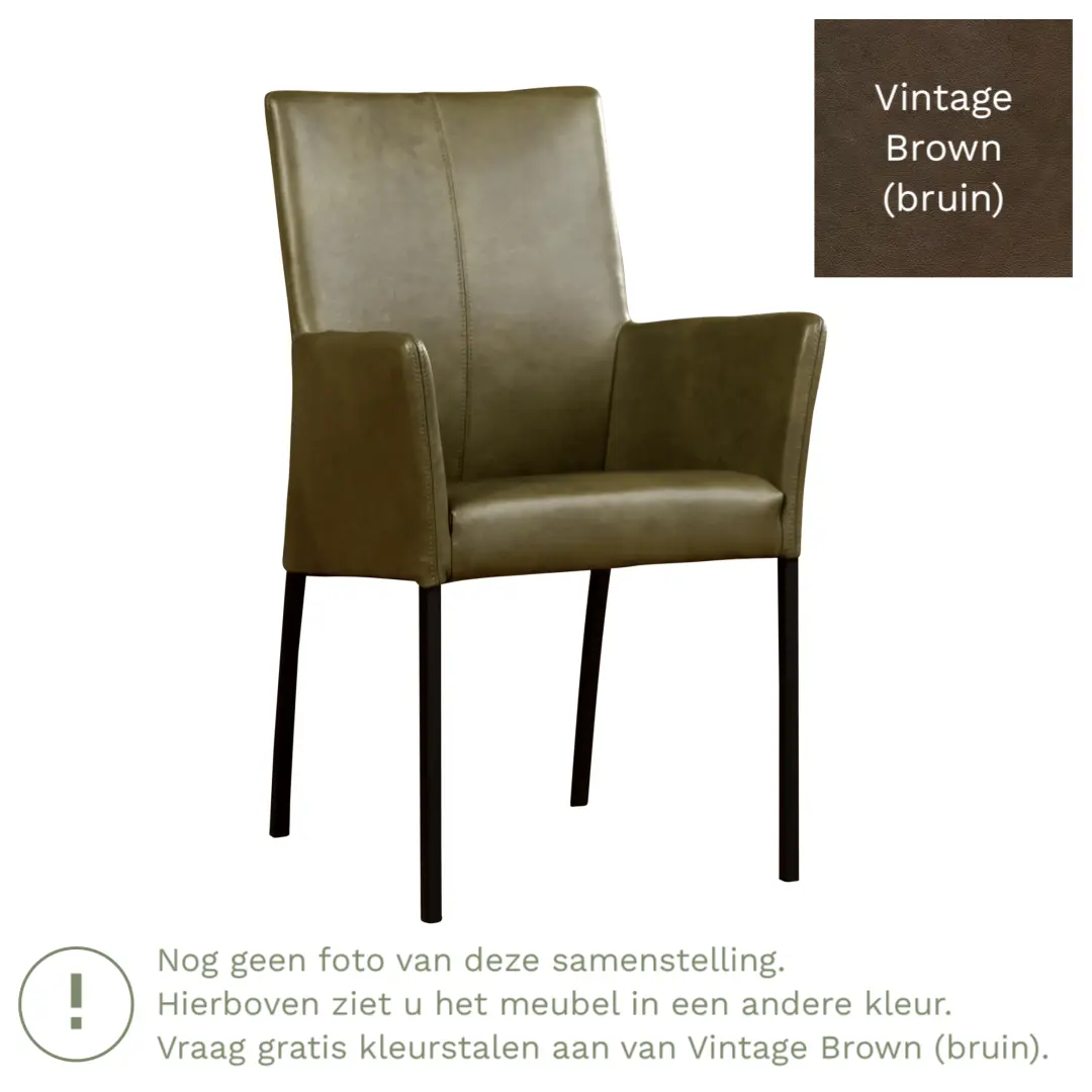 afbeelding van Leren eetkamerstoel Comfort met armleuning - Vintage Brown (bruin) - Poten staal vierkant RVS