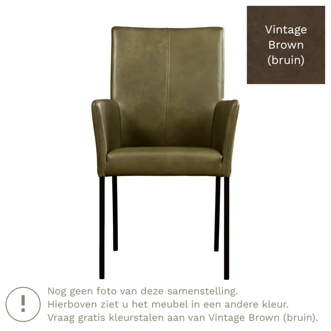 afbeelding van Leren eetkamerstoel Comfort met armleuning - Vintage Brown (bruin) - Poten staal vierkant RVS