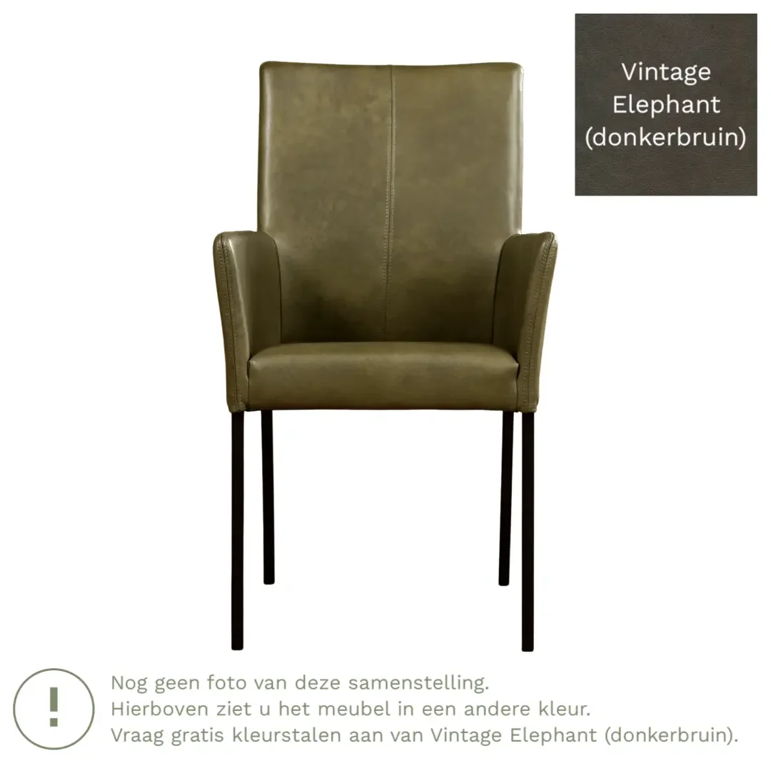 afbeelding van Leren eetkamerstoel Comfort met armleuning - Vintage Elephant (donkerbruin) - Poten staal vierkant RVS