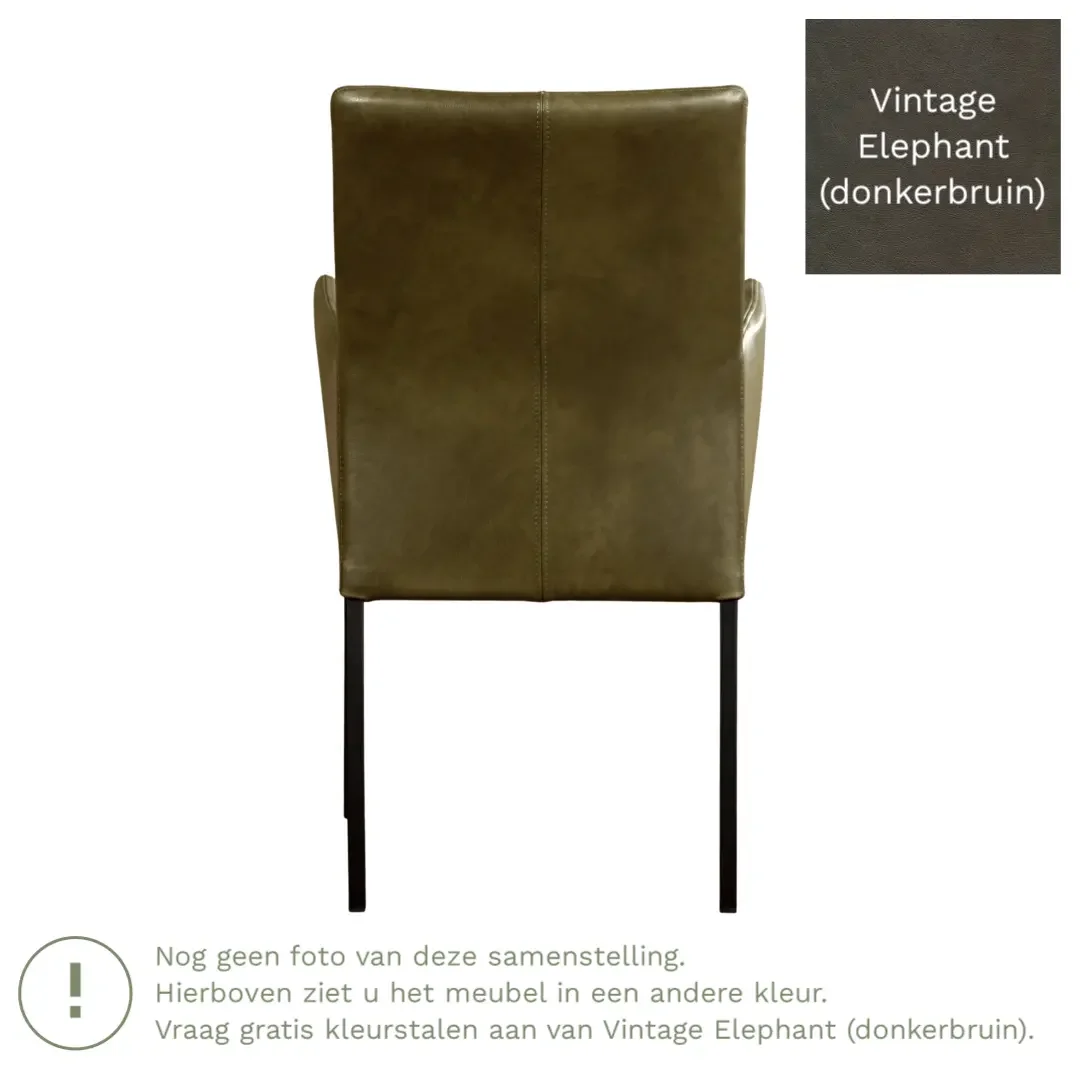 afbeelding van Leren eetkamerstoel Comfort met armleuning - Vintage Elephant (donkerbruin) - Poten staal vierkant RVS