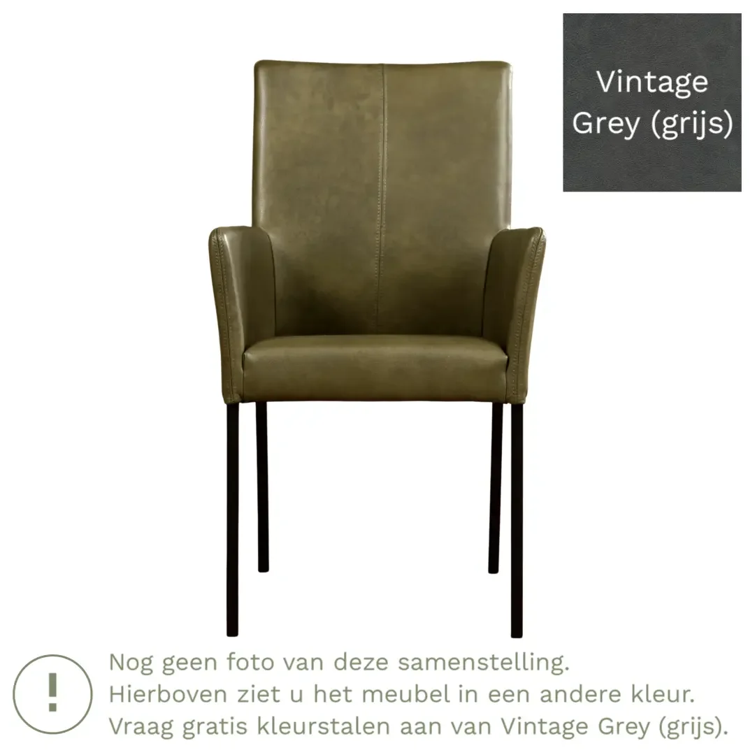 afbeelding van Leren eetkamerstoel Comfort met armleuning - Vintage Grey (grijs) - Poten staal rond RVS