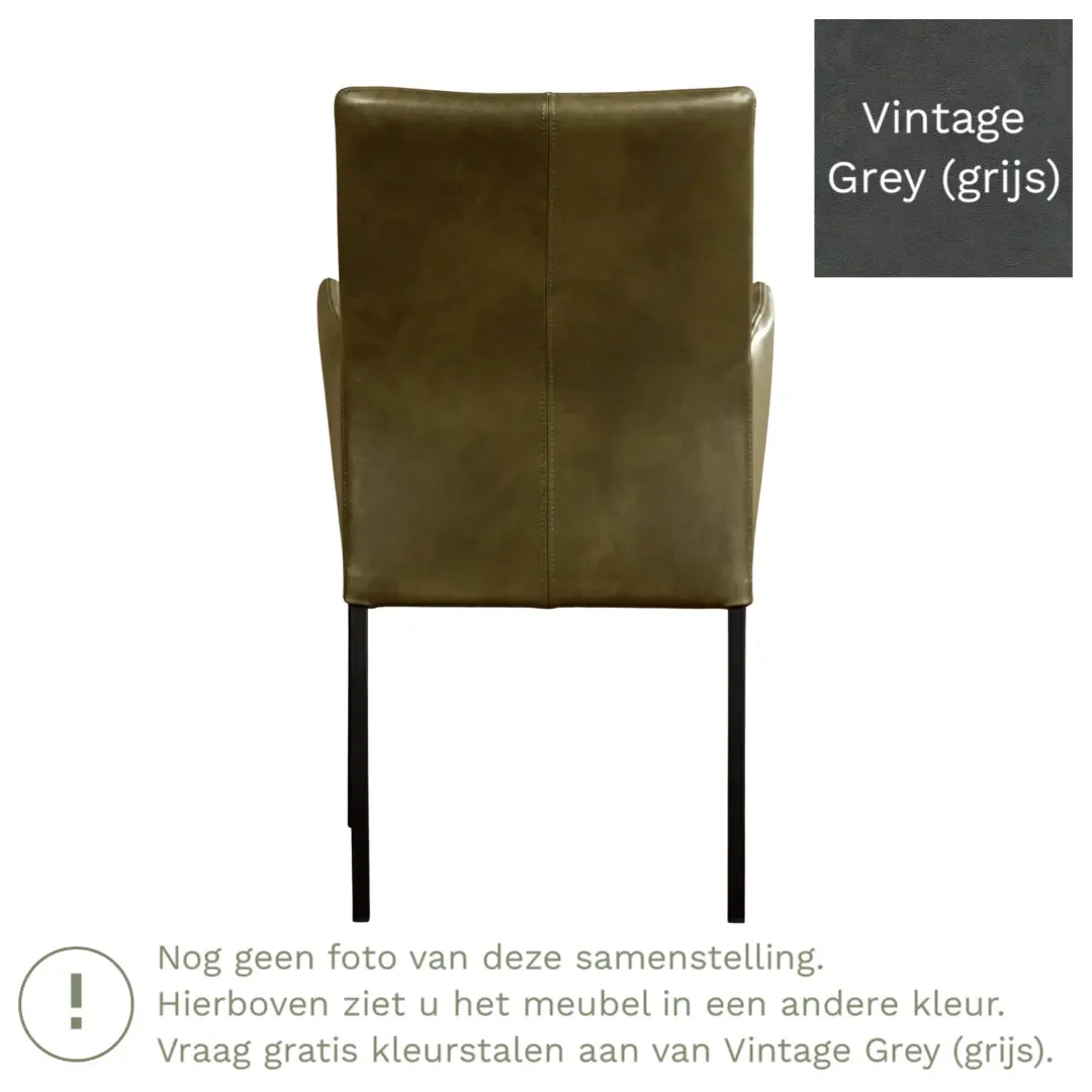 afbeelding van Leren eetkamerstoel Comfort met armleuning - Vintage Grey (grijs) - Poten staal rond RVS