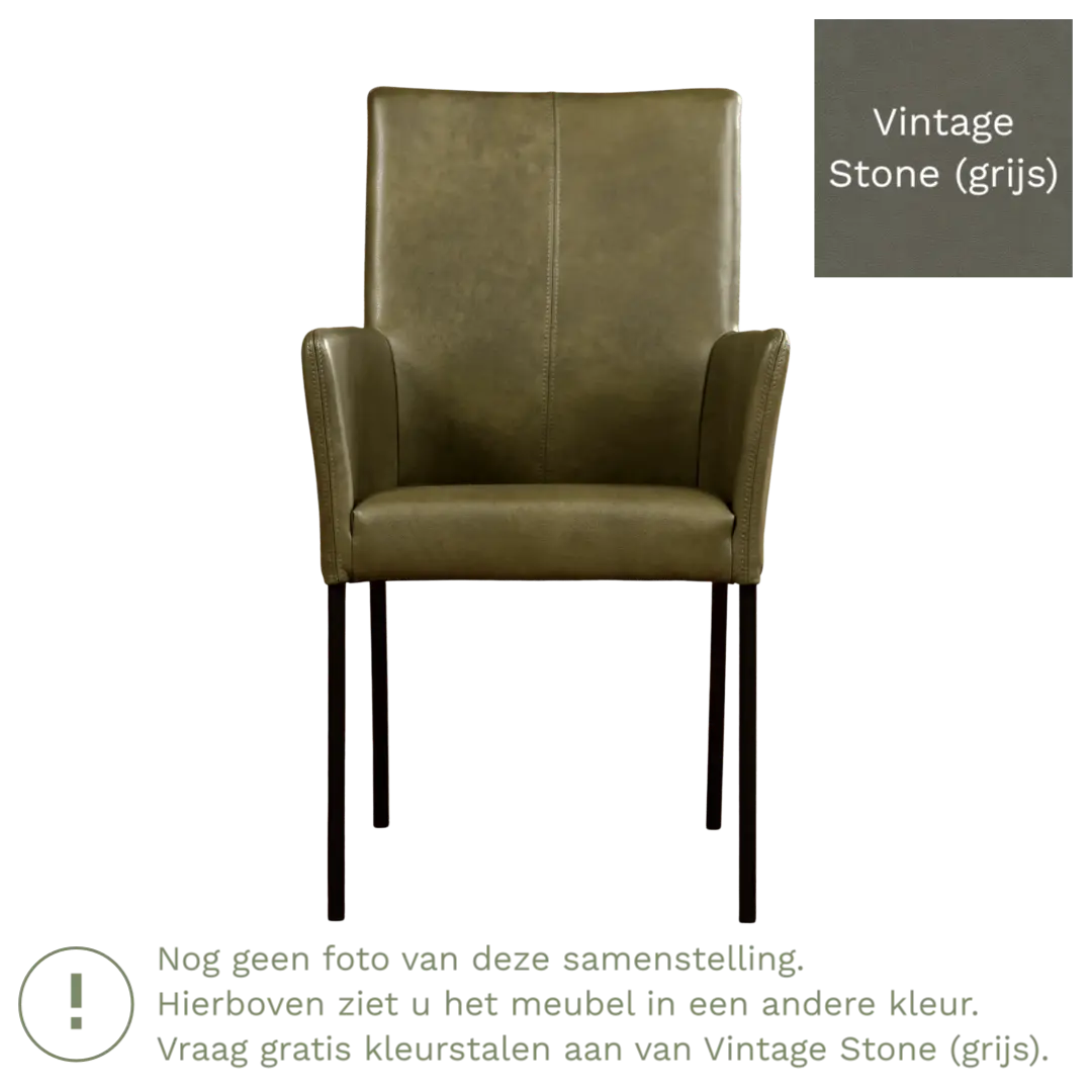 afbeelding van Leren eetkamerstoel Comfort met armleuning - Vintage Stone (grijs) - Poten staal rond RVS