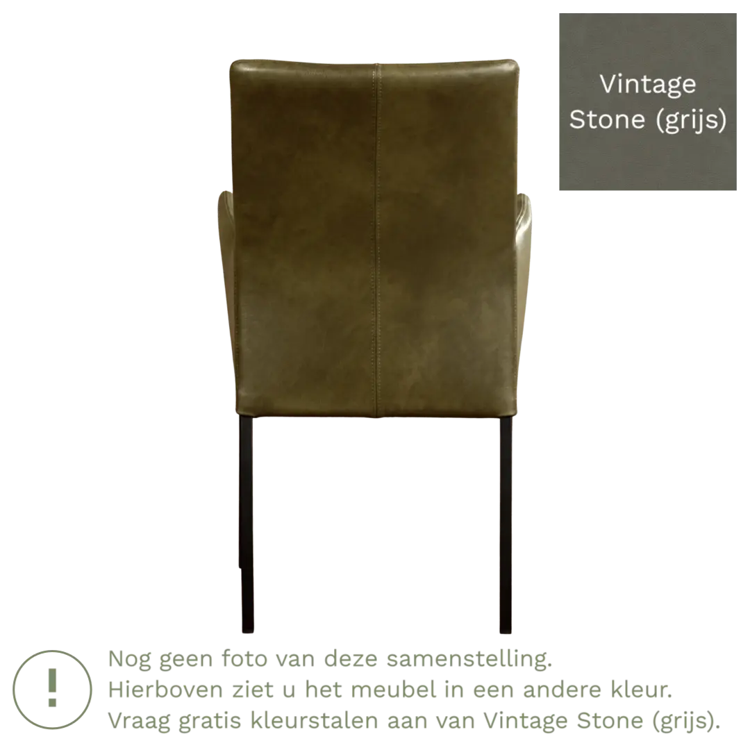 afbeelding van Leren eetkamerstoel Comfort met armleuning - Vintage Stone (grijs) - Poten staal rond RVS