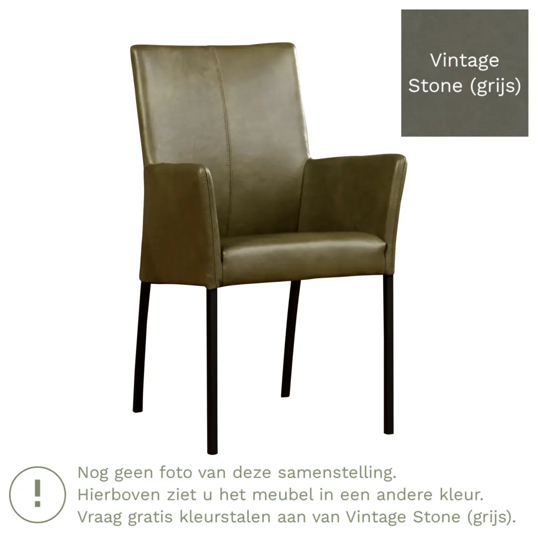 afbeelding van Leren eetkamerstoel Comfort met armleuning - Vintage Stone (grijs) - Poten staal rond zwart