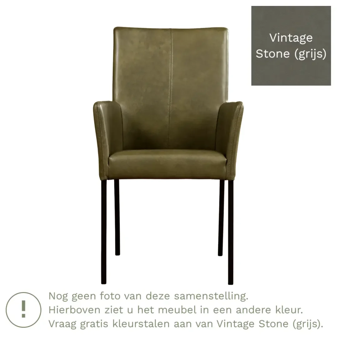 afbeelding van Leren eetkamerstoel Comfort met armleuning - Vintage Stone (grijs) - Poten staal rond zwart