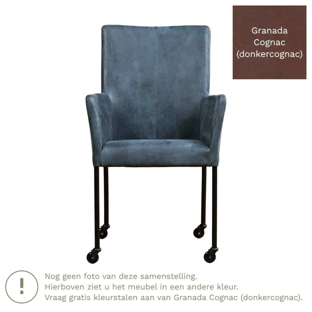 afbeelding van Leren eetkamerstoel Comfort met wieltjes en armleuning - Granada Cognac (donkercognac) - Poten staal rond zwart