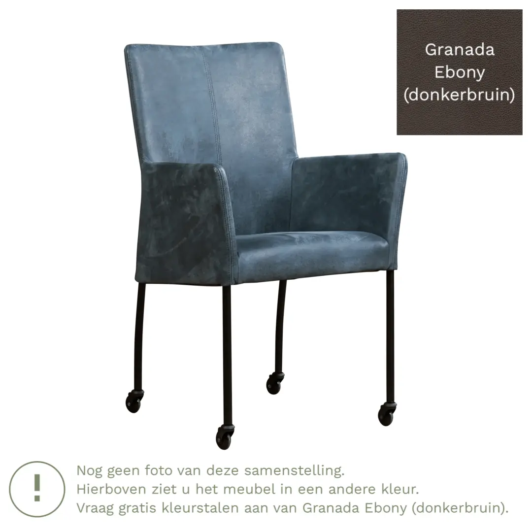 afbeelding van Leren eetkamerstoel Comfort met wieltjes en armleuning - Granada Ebony (donkerbruin) - Poten staal rond zwart