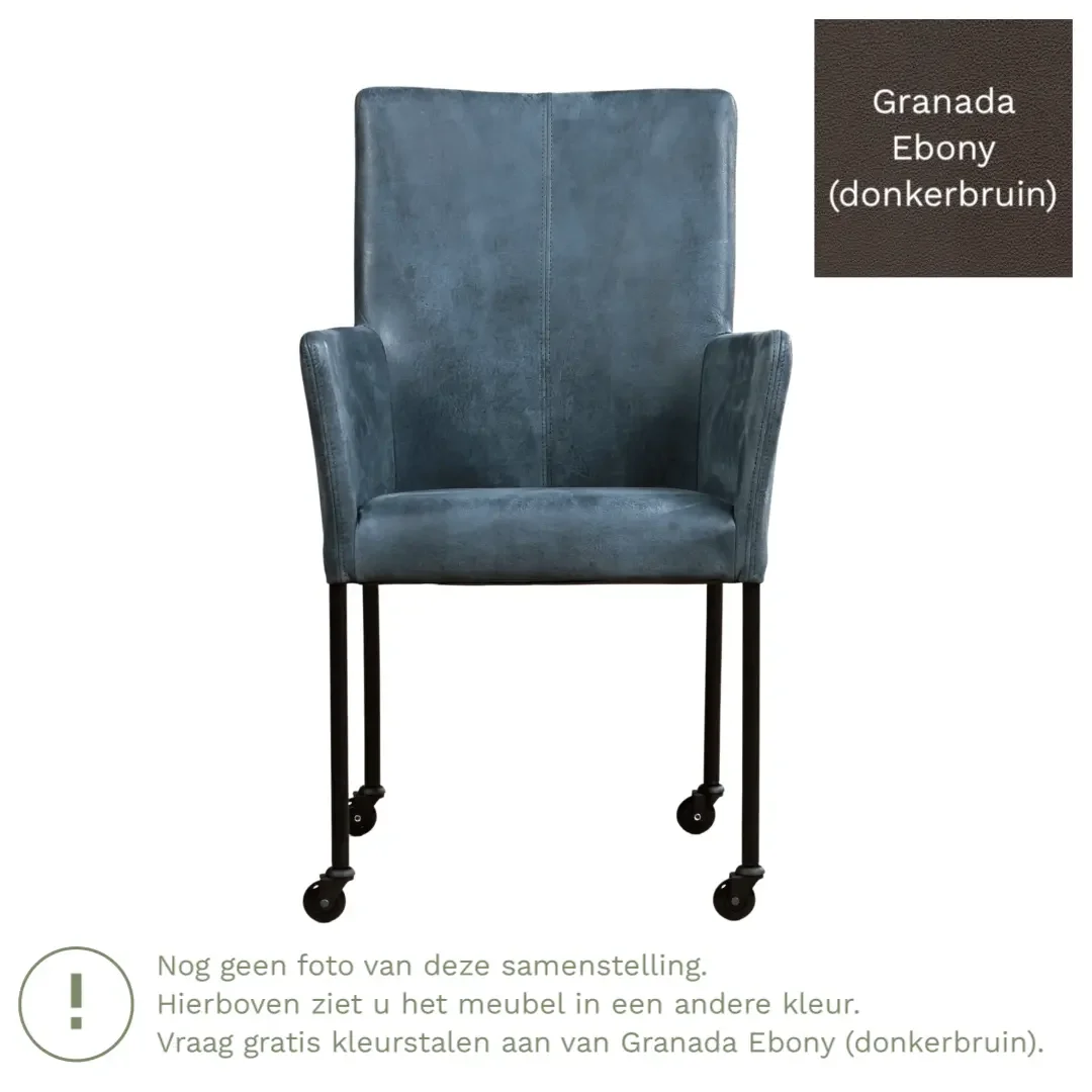 afbeelding van Leren eetkamerstoel Comfort met wieltjes en armleuning - Granada Ebony (donkerbruin) - Poten staal rond zwart