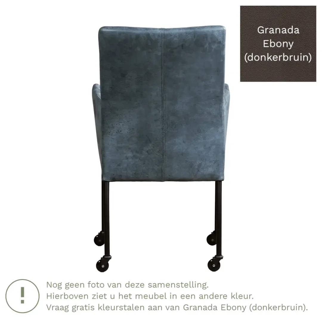 afbeelding van Leren eetkamerstoel Comfort met wieltjes en armleuning - Granada Ebony (donkerbruin) - Poten staal rond zwart