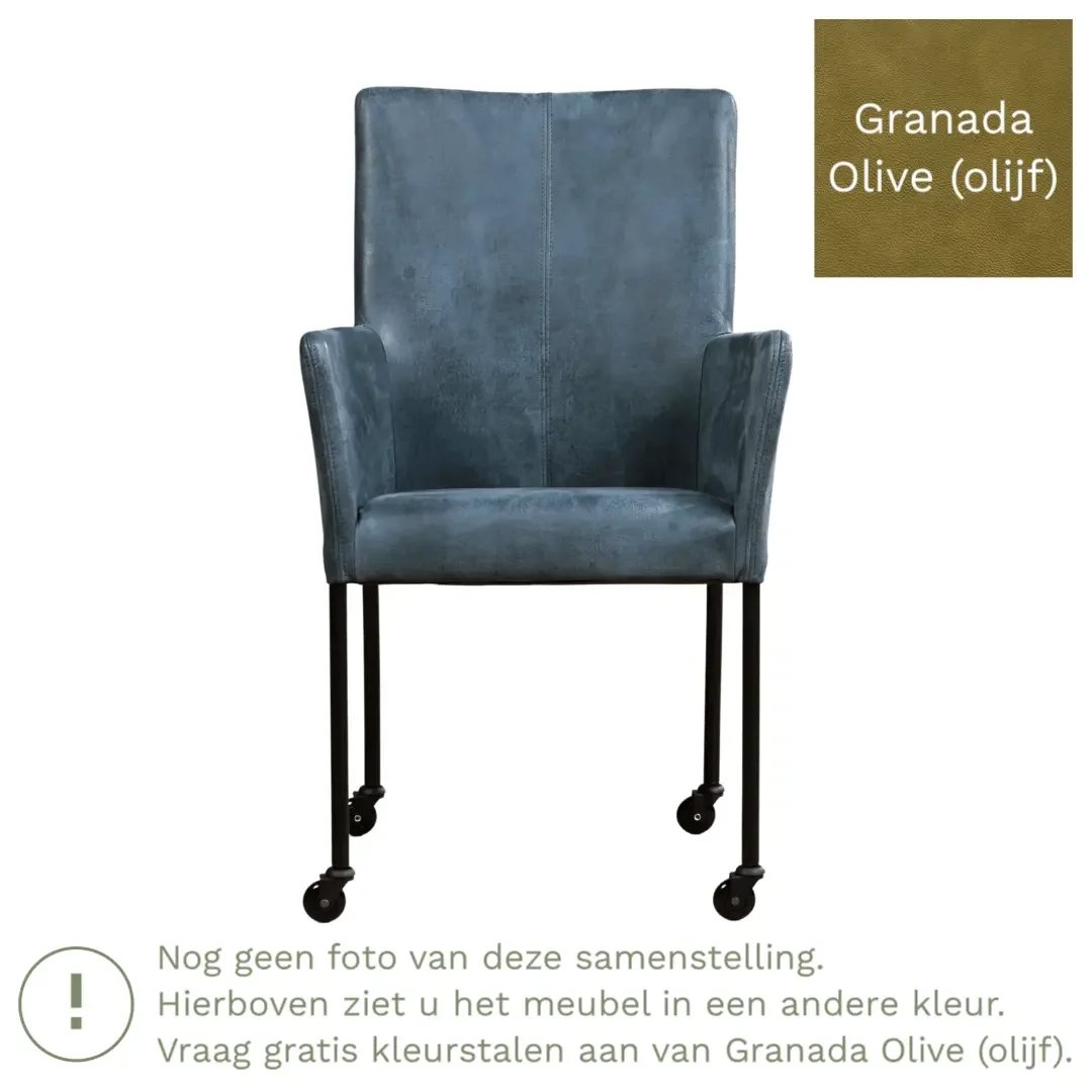 afbeelding van Leren eetkamerstoel Comfort met wieltjes en armleuning - Granada Olive (olijf) - Poten staal vierkant zwart