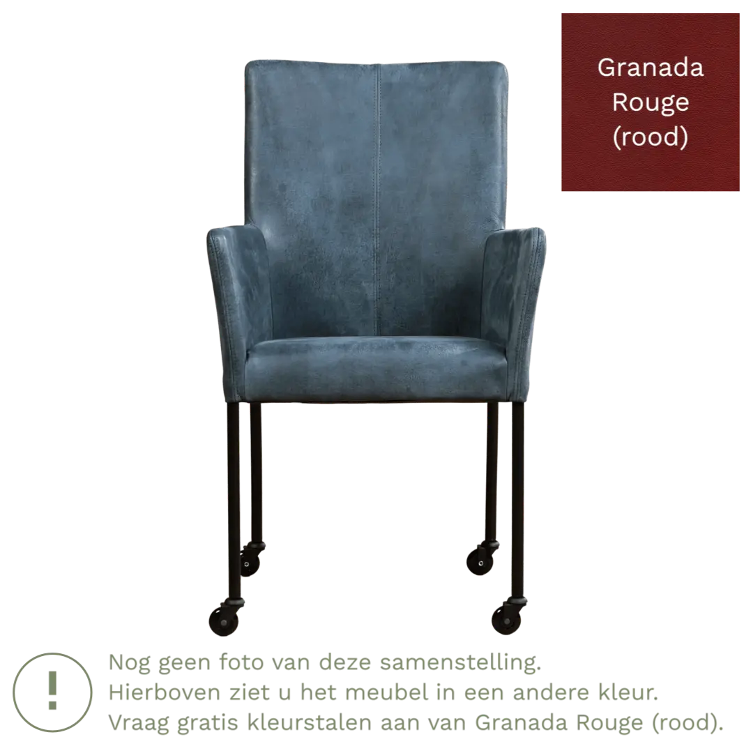 afbeelding van Leren eetkamerstoel Comfort met wieltjes en armleuning - Granada Rouge (rood) - Poten staal rond RVS