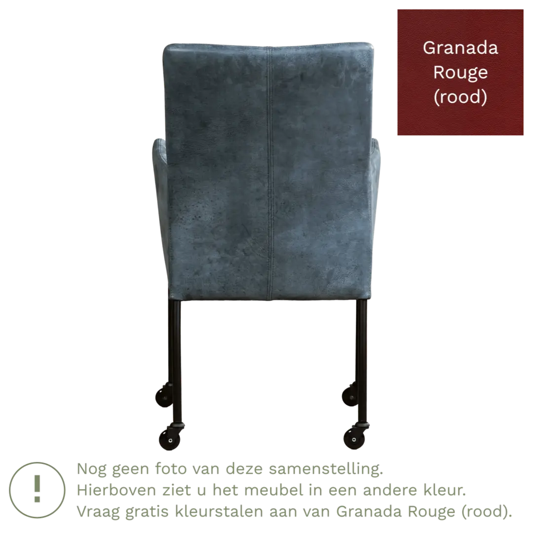 afbeelding van Leren eetkamerstoel Comfort met wieltjes en armleuning - Granada Rouge (rood) - Poten staal rond RVS