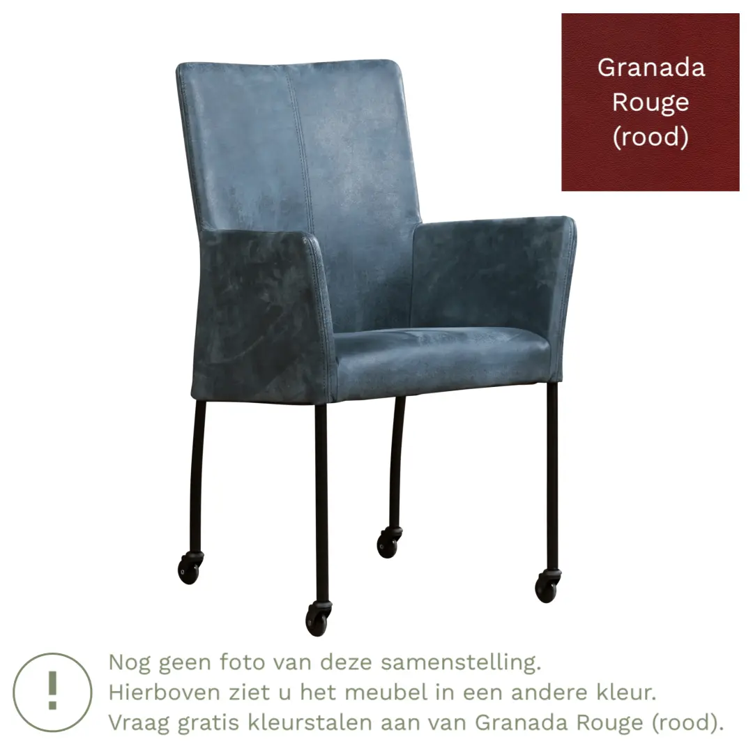 afbeelding van Leren eetkamerstoel Comfort met wieltjes en armleuning - Granada Rouge (rood) - Poten staal vierkant zwart