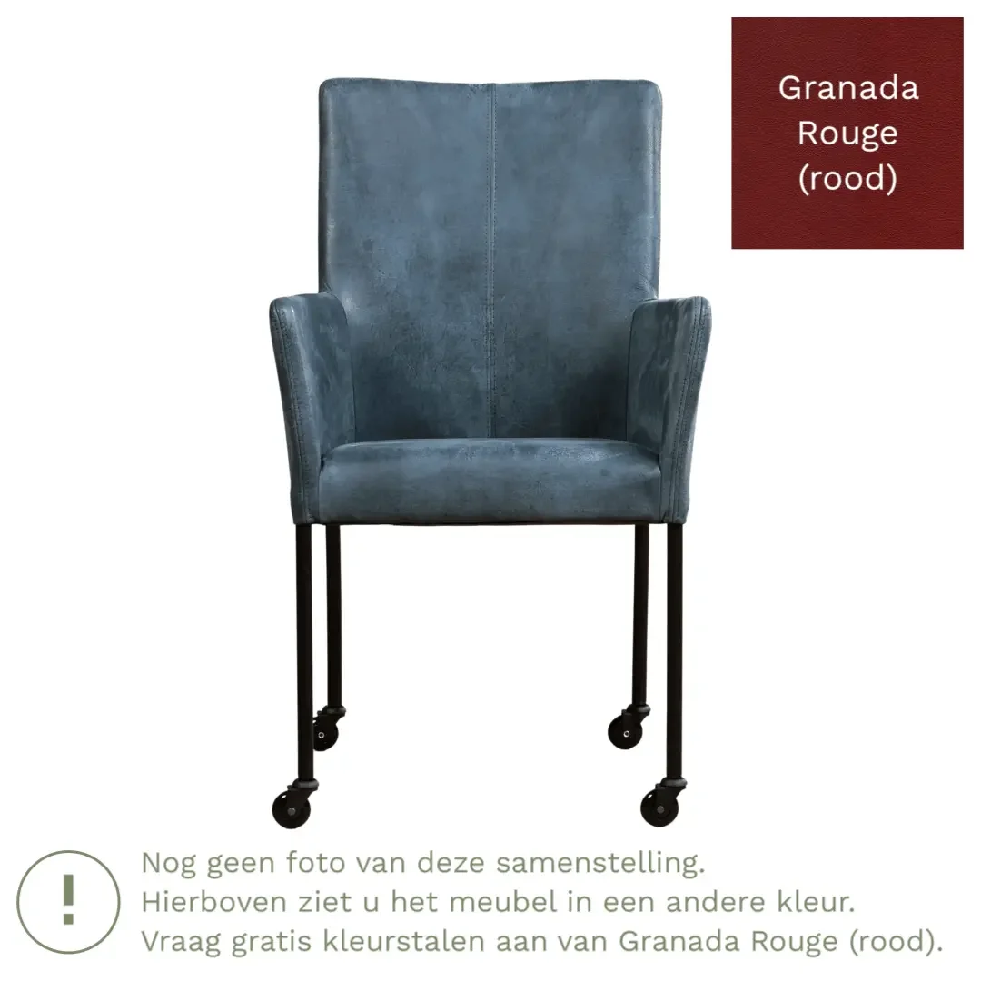 afbeelding van Leren eetkamerstoel Comfort met wieltjes en armleuning - Granada Rouge (rood) - Poten staal vierkant zwart