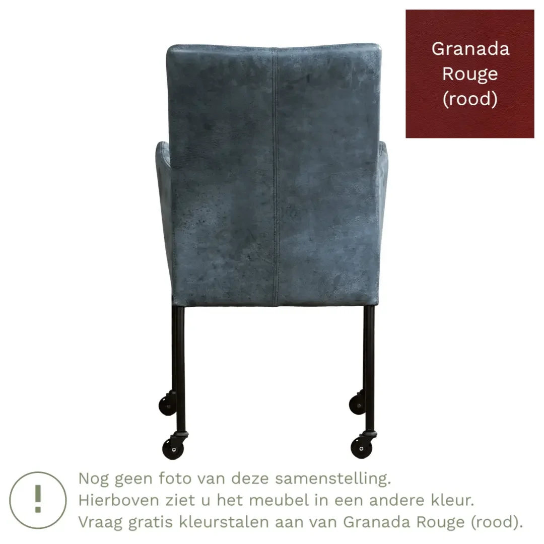 afbeelding van Leren eetkamerstoel Comfort met wieltjes en armleuning - Granada Rouge (rood) - Poten staal vierkant zwart