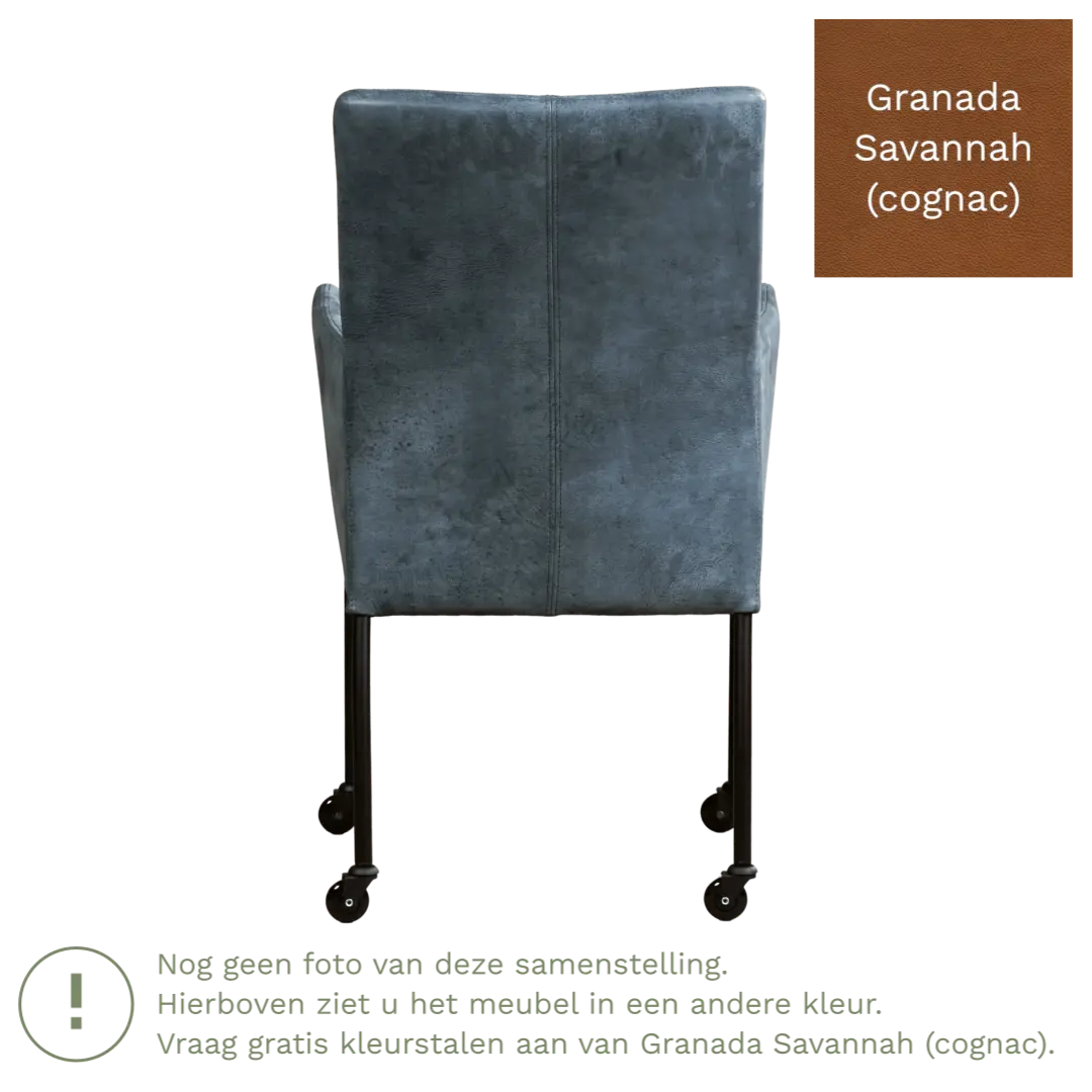 afbeelding van Leren eetkamerstoel Comfort met wieltjes en armleuning - Granada Savannah (cognac) - Poten staal rond zwart