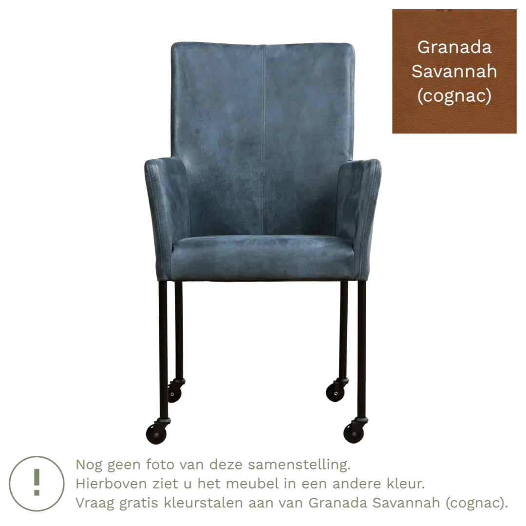 afbeelding van Leren eetkamerstoel Comfort met wieltjes en armleuning - Granada Savannah (cognac) - Poten staal vierkant zwart
