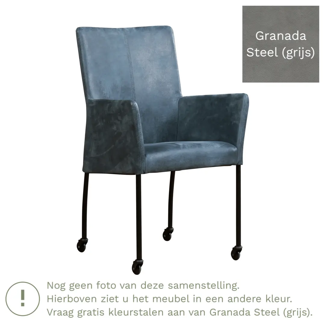 afbeelding van Leren eetkamerstoel Comfort met wieltjes en armleuning - Granada Steel (grijs) - Poten staal vierkant RVS