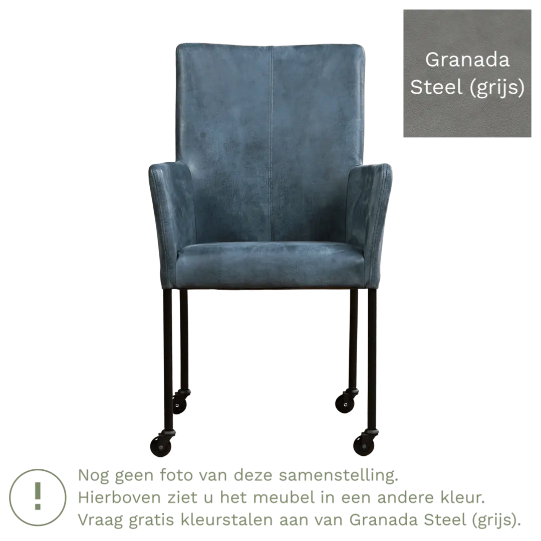 afbeelding van Leren eetkamerstoel Comfort met wieltjes en armleuning - Granada Steel (grijs) - Poten staal vierkant RVS