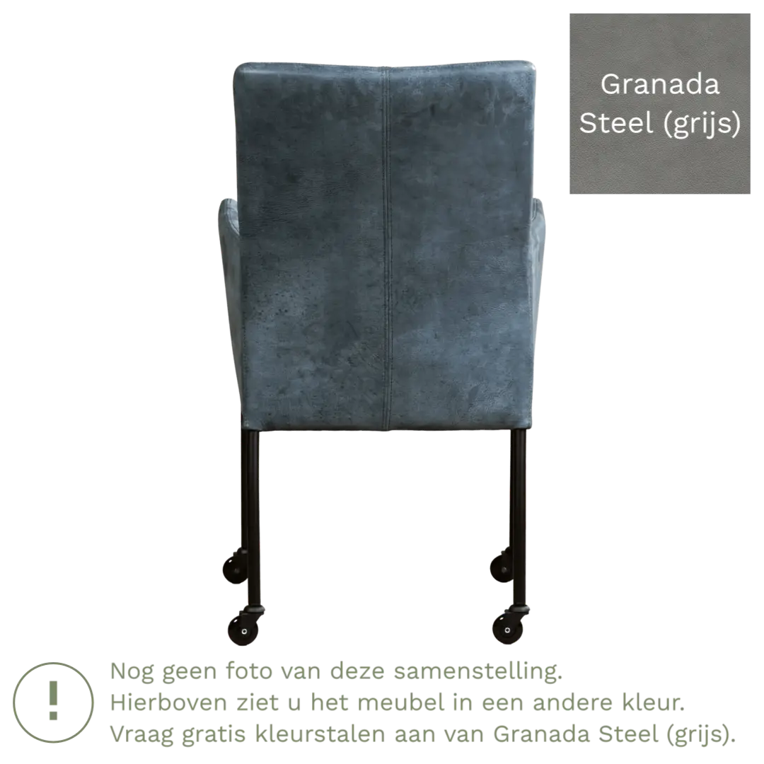 afbeelding van Leren eetkamerstoel Comfort met wieltjes en armleuning - Granada Steel (grijs) - Poten staal vierkant RVS