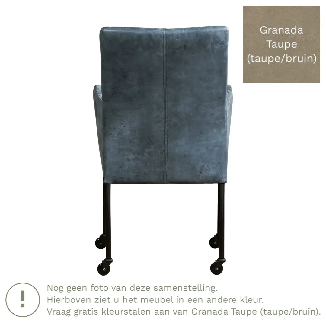afbeelding van Leren eetkamerstoel Comfort met wieltjes en armleuning - Granada Taupe (taupe/bruin) - Poten staal rond RVS