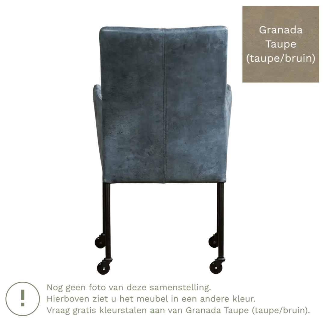 afbeelding van Leren eetkamerstoel Comfort met wieltjes en armleuning - Granada Taupe (taupe/bruin) - Poten staal rond zwart