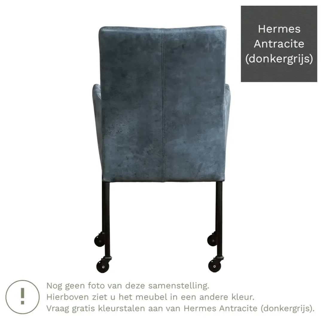 afbeelding van Leren eetkamerstoel Comfort met wieltjes en armleuning - Hermes Antracite (donkergrijs) - Poten staal rond zwart