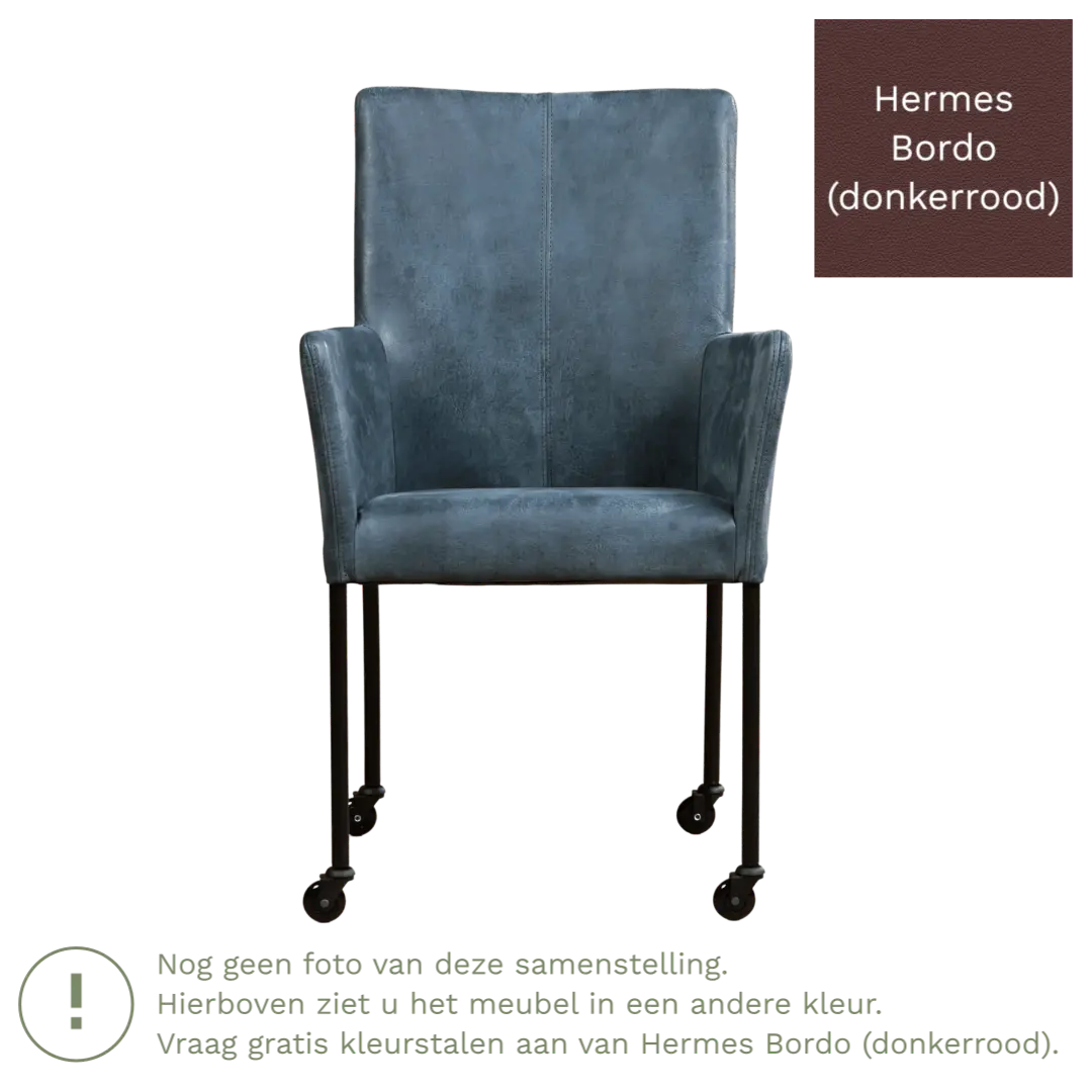 afbeelding van Leren eetkamerstoel Comfort met wieltjes en armleuning - Hermes Bordo (donkerrood) - Poten staal rond RVS